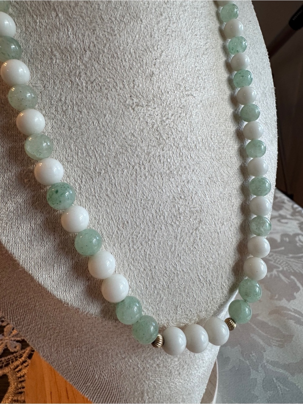 Vintage Mint Green and White Stone Beaded Necklace with Subtle Gold Accents - Picture 3 of 7